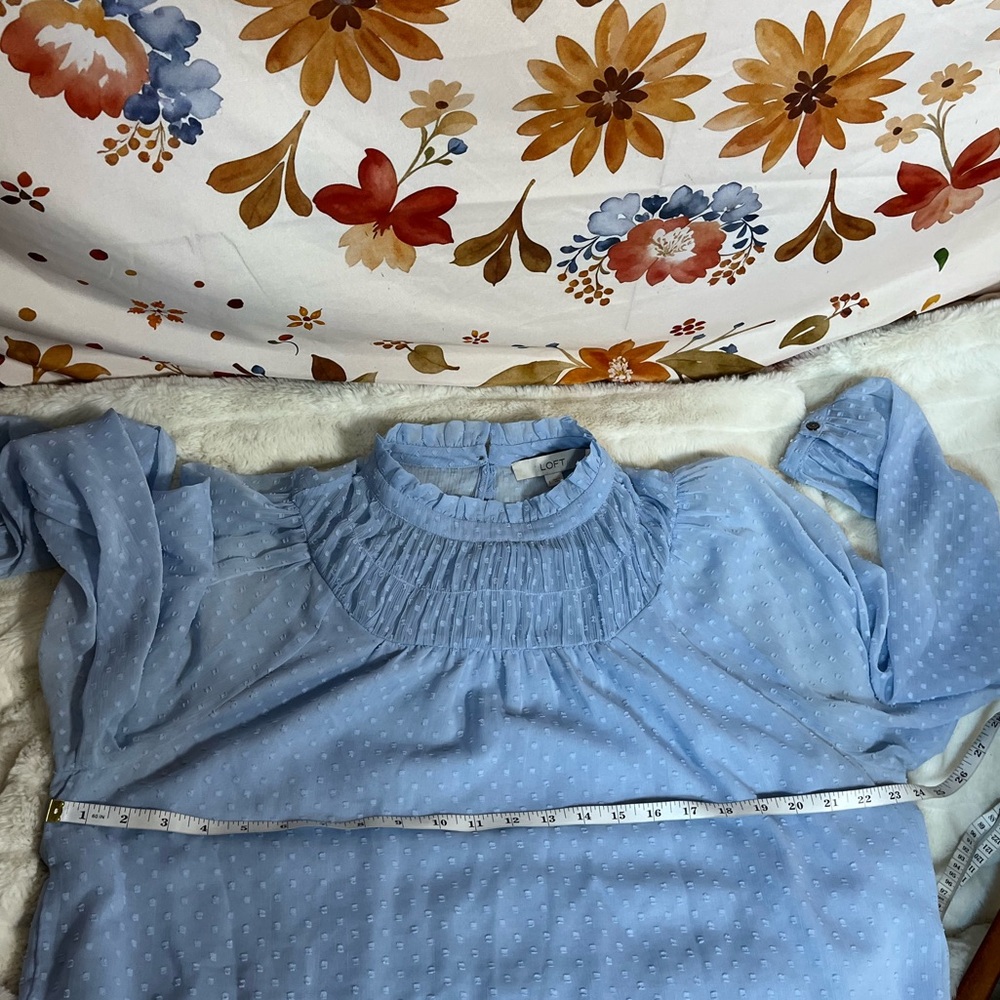 LOFT L Powder Light Blue Swiss Dot Sheer Sleeve Office Blouse Spring Summer City - Picture 9 of 12